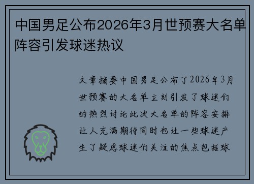 中国男足公布2026年3月世预赛大名单阵容引发球迷热议 中国男足公布2026年3月世预赛大名单阵容引发球迷热议