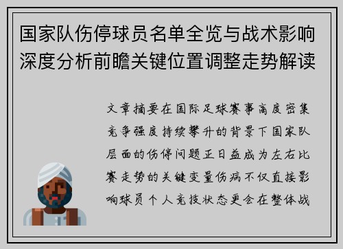 国家队伤停球员名单全览与战术影响深度分析前瞻关键位置调整走势解读 国家队伤停球员名单全览与战术影响深度分析前瞻关键位置调整走势解读